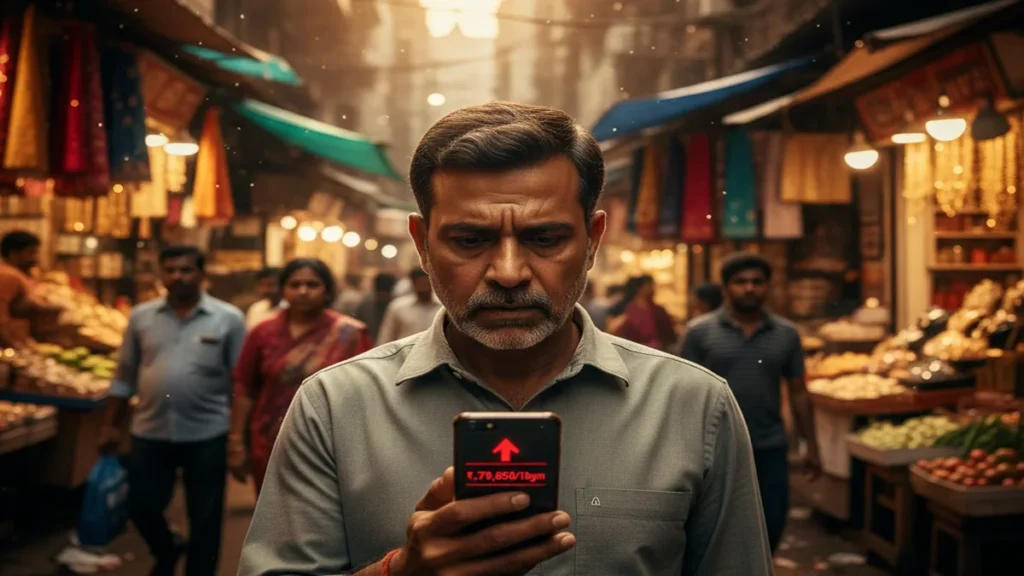 Worried Indian man checking Gold Price Today India on smartphone in Mumbai.