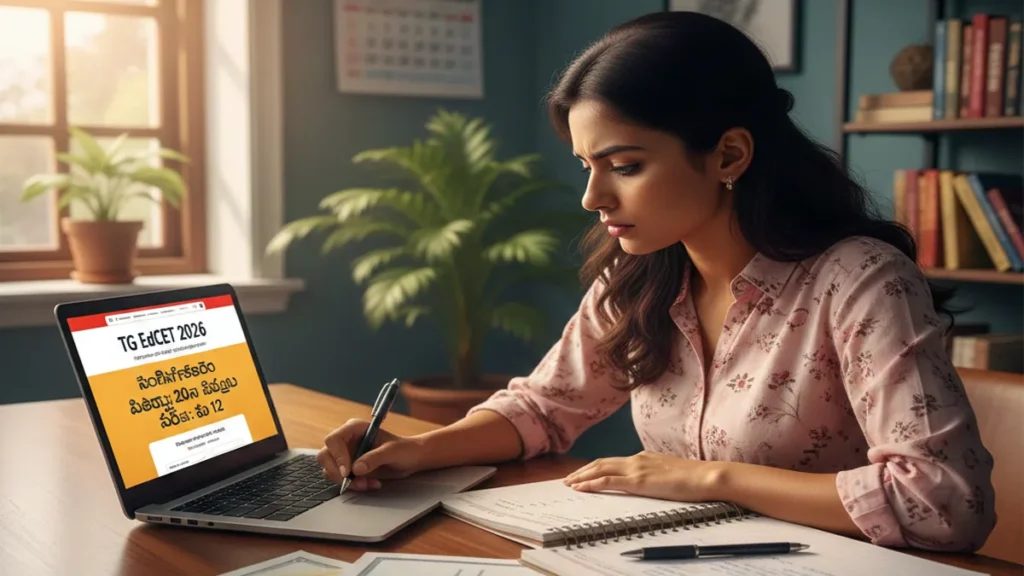 A student carefully filling the TG EdCET 2026 online application form with all certificates on his desk