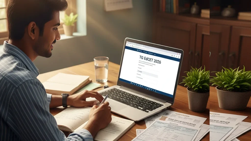 A student carefully filling the TG EdCET 2026 online application form with all certificates on his desk.