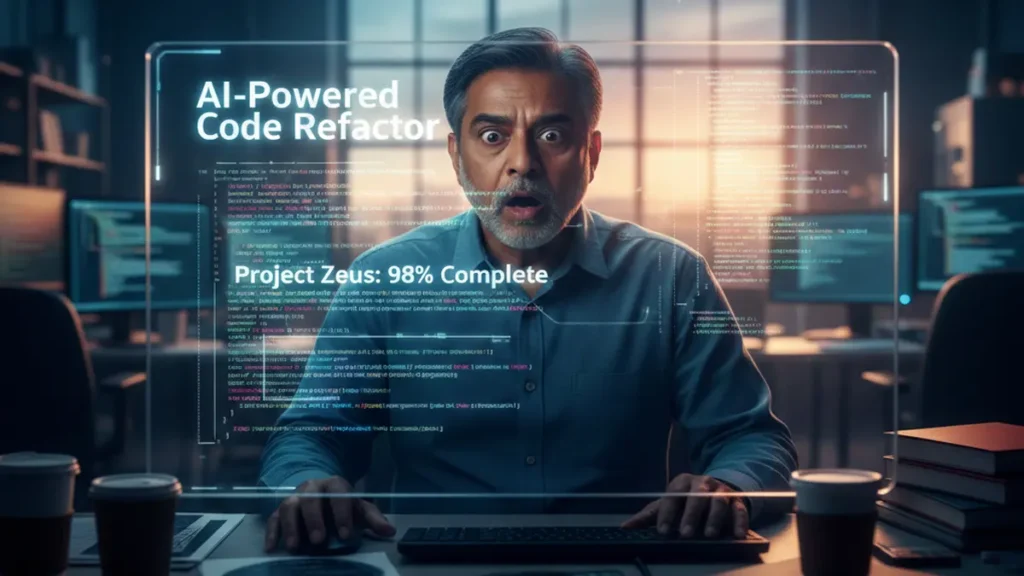 An Indian software engineer looking shocked as AI takes over coding tasks, illustrating AI coding job threats.