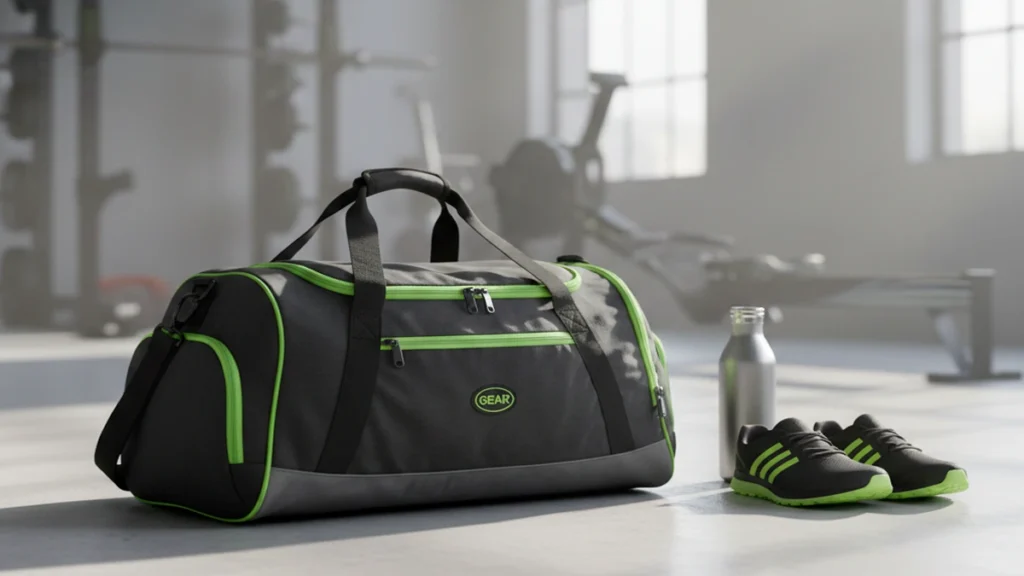 Gear 29L Black and Grey Water Resistant Duffle Bag for Gym and Travel.