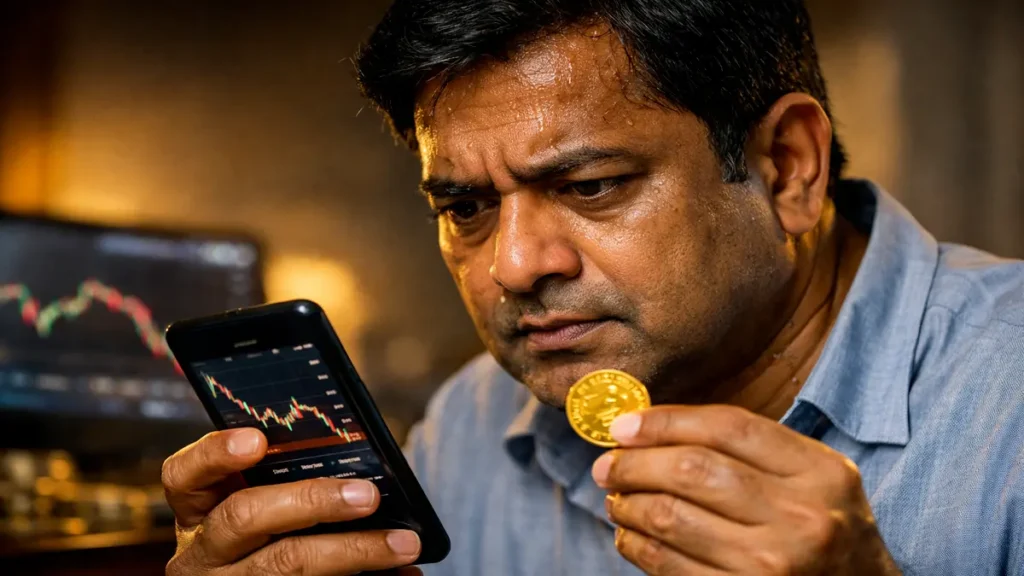 ఒక భారతీయ ఇన్వెస్టర్ లైవ్ మార్కెట్ రేట్లను మరియు తన వద్ద ఉన్న బంగారాన్ని సరిచూసుకుంటున్న దృశ్యం - Indian Gold Market Analysis.
