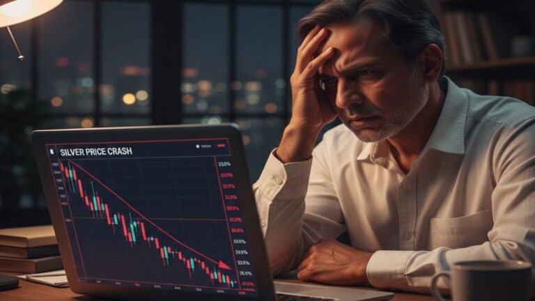 An Indian investor looking at a falling silver price chart with a worried expression on his face.