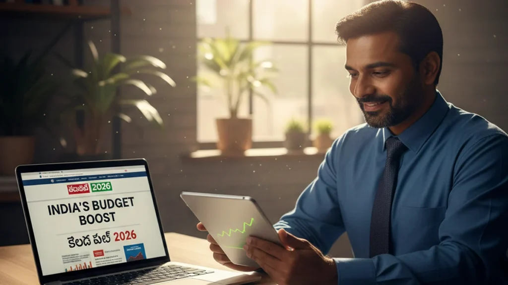An Indian man analyzing the Union Budget 2026 highlights on his laptop with a positive expression.