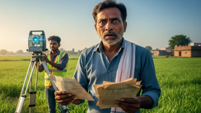 Worried Telangana farmer checking land papers under the new LPM registration rules.