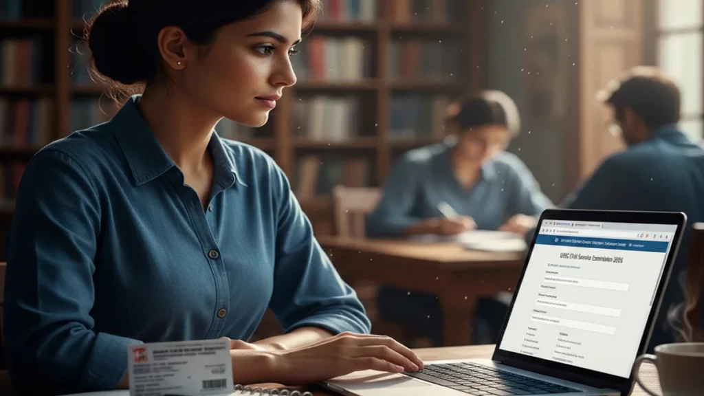 An Indian student filling out the UPSC 2026 application form on a laptop.