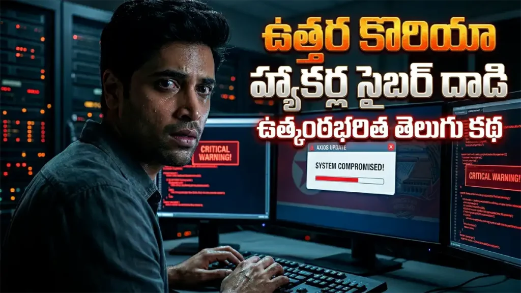 Infographic showing a laptop with a North Korean flag and global hacker icons with Telugu text describing software threats - రామ్తామీడియా